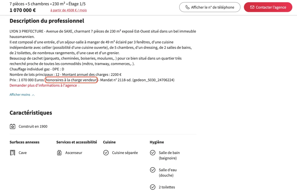 Exemple d'une annonce immobilière avec honoraires à la charge de l'acheteur