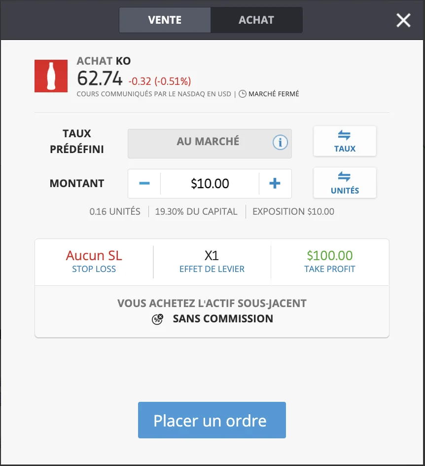 Passer un ordre d'achat de l'action Coca-Cola 