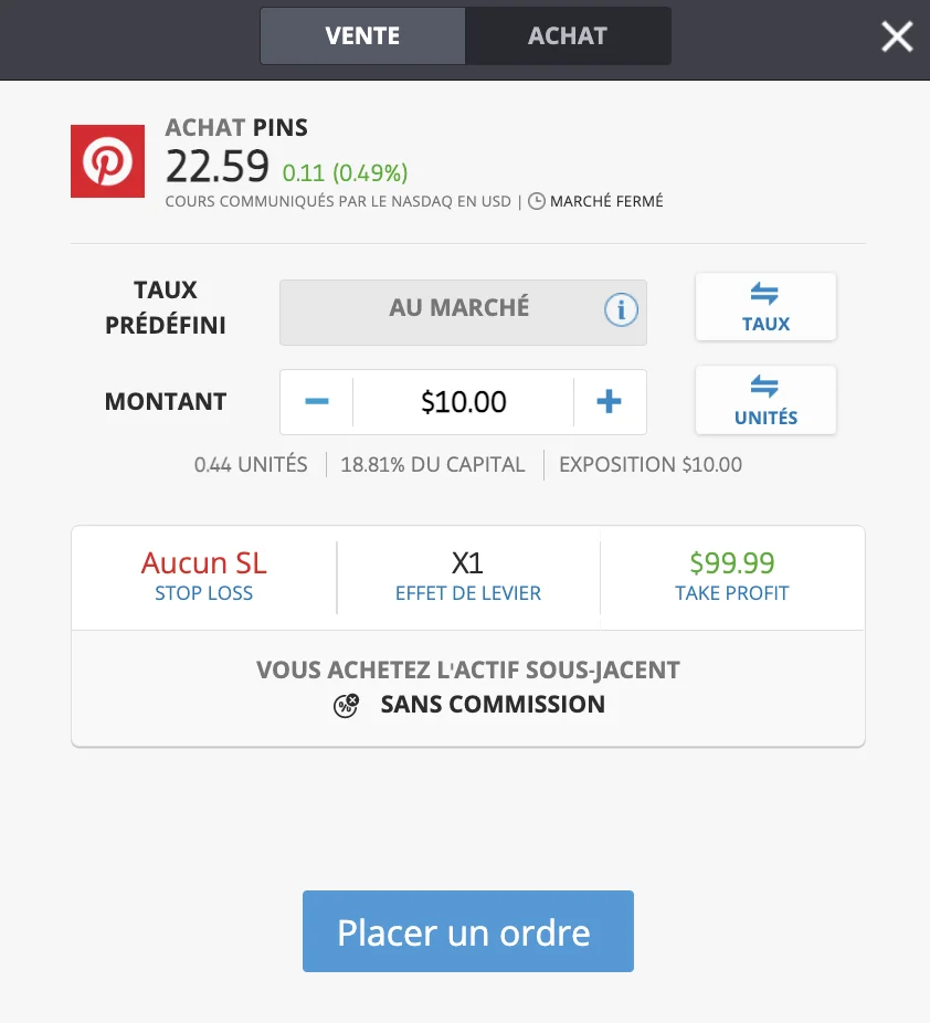 ordre pour acheter l'action Pinterest