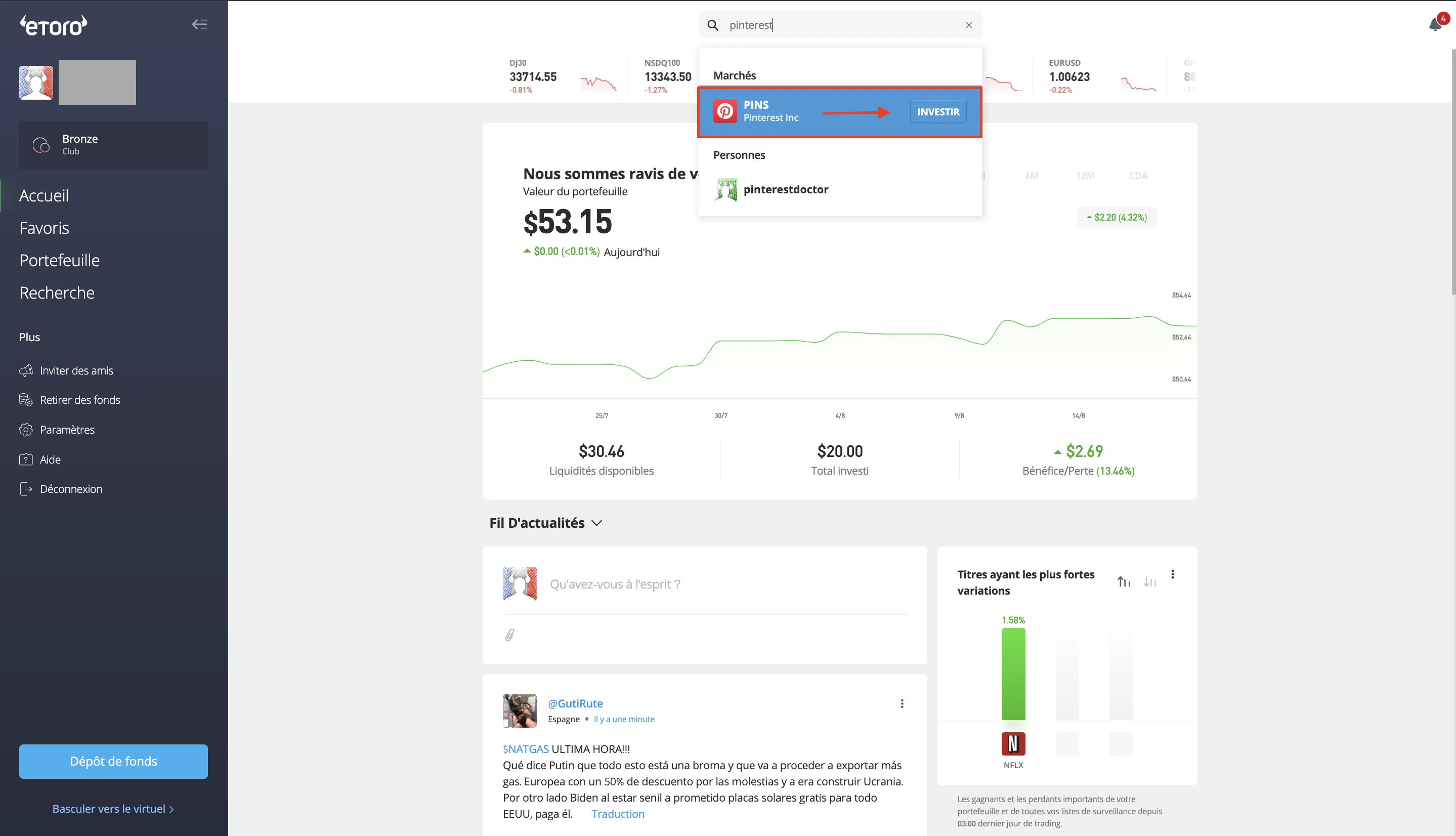 rechercher l'action Pinterest