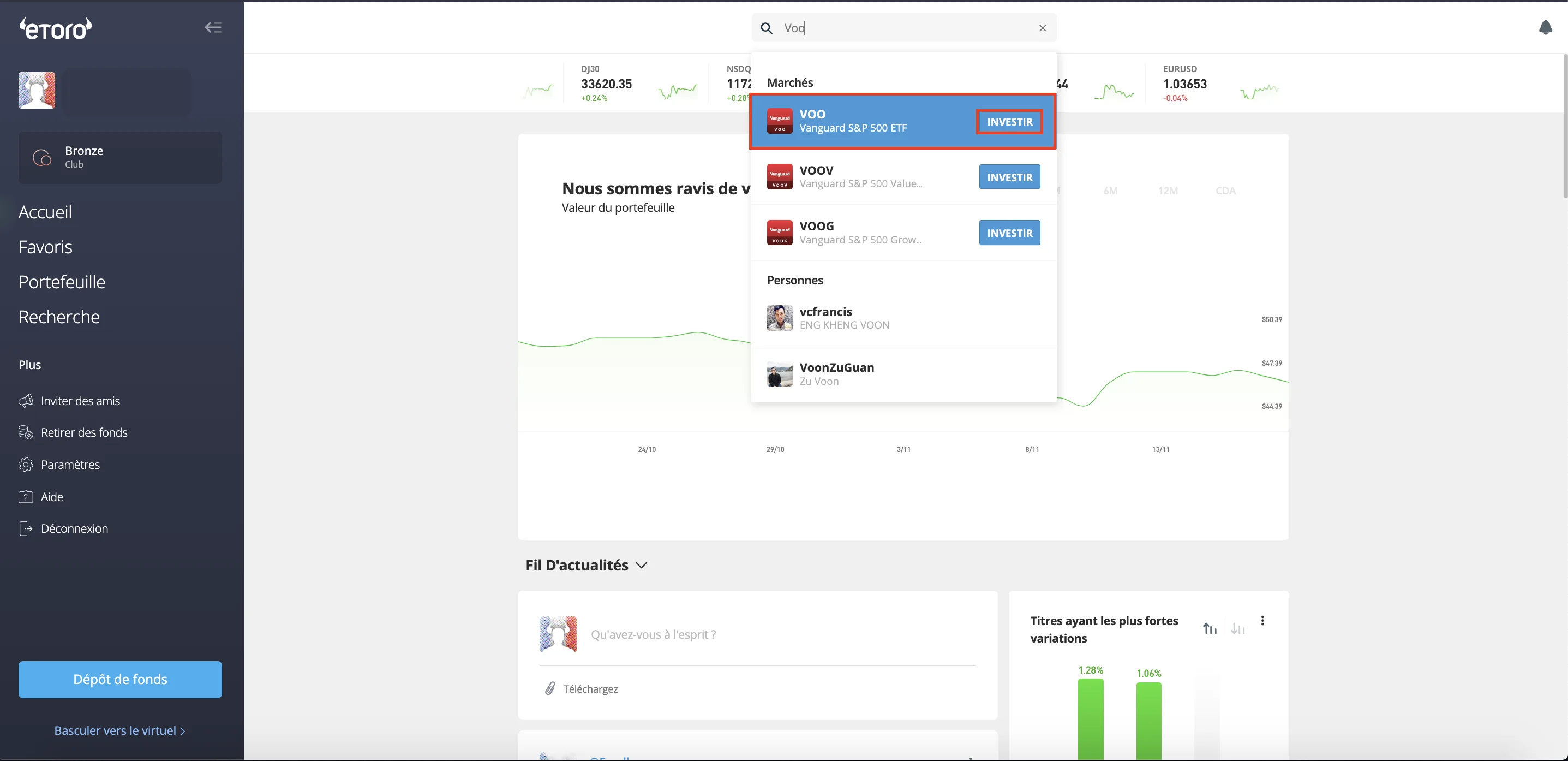 recherche de l'ETF VOO sur eToro
