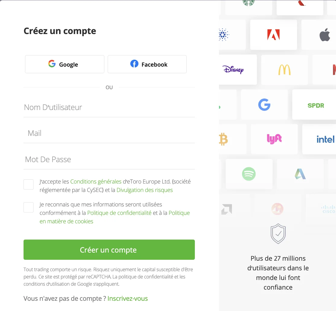 S'inscrire sur etoro