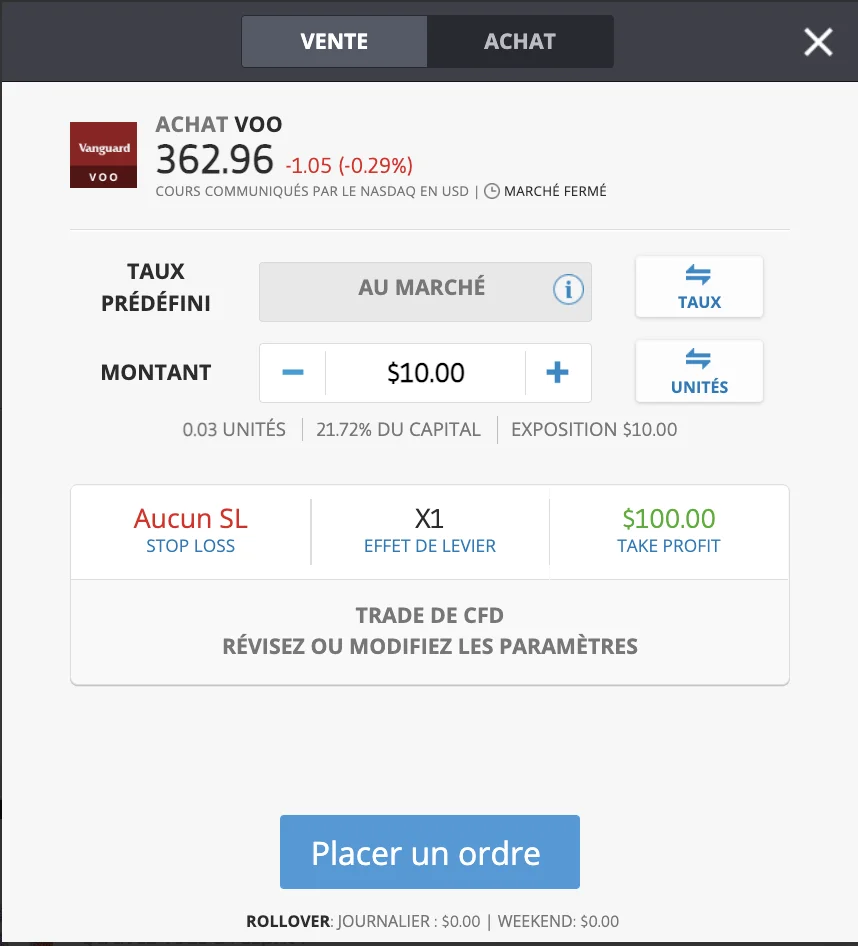 parametrer votre ordre d'achat de l'ETF VOO sur etoro