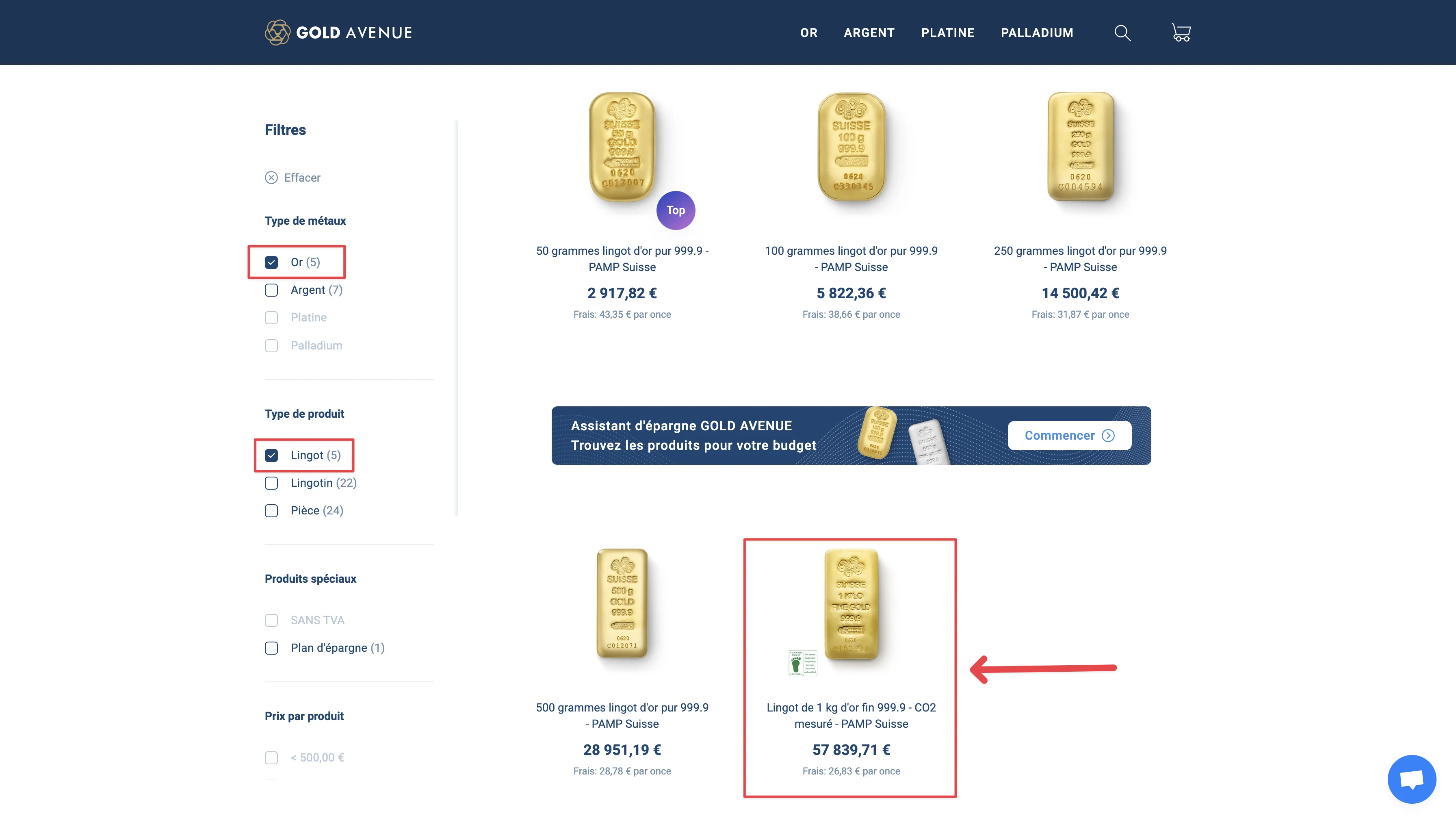 Choisir son lingot d'or sur Gold Avenue