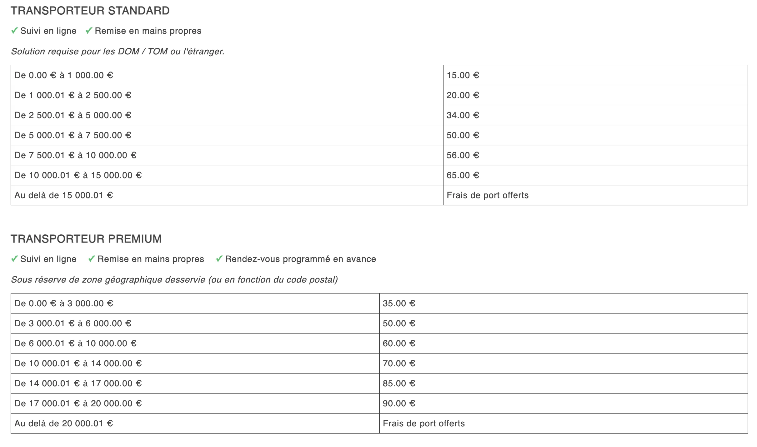 Tarif livraison Achat Or et Argent